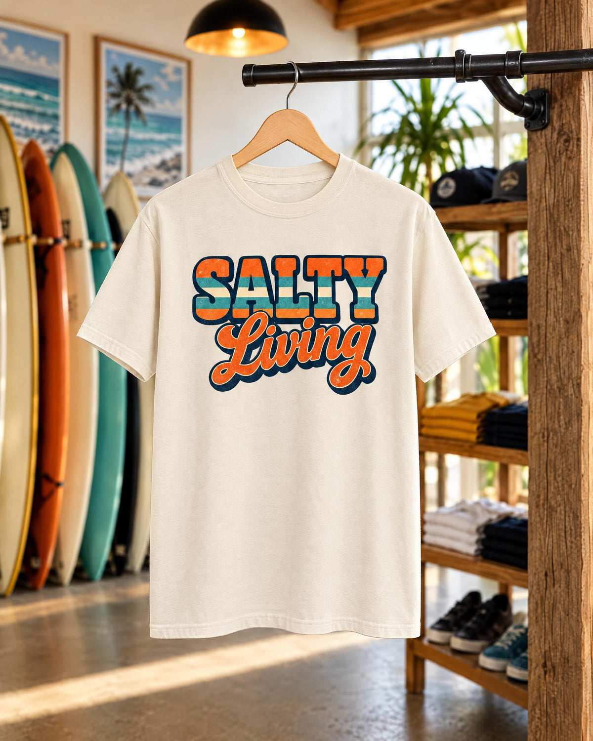 Salty Living tee mockup on a hanger