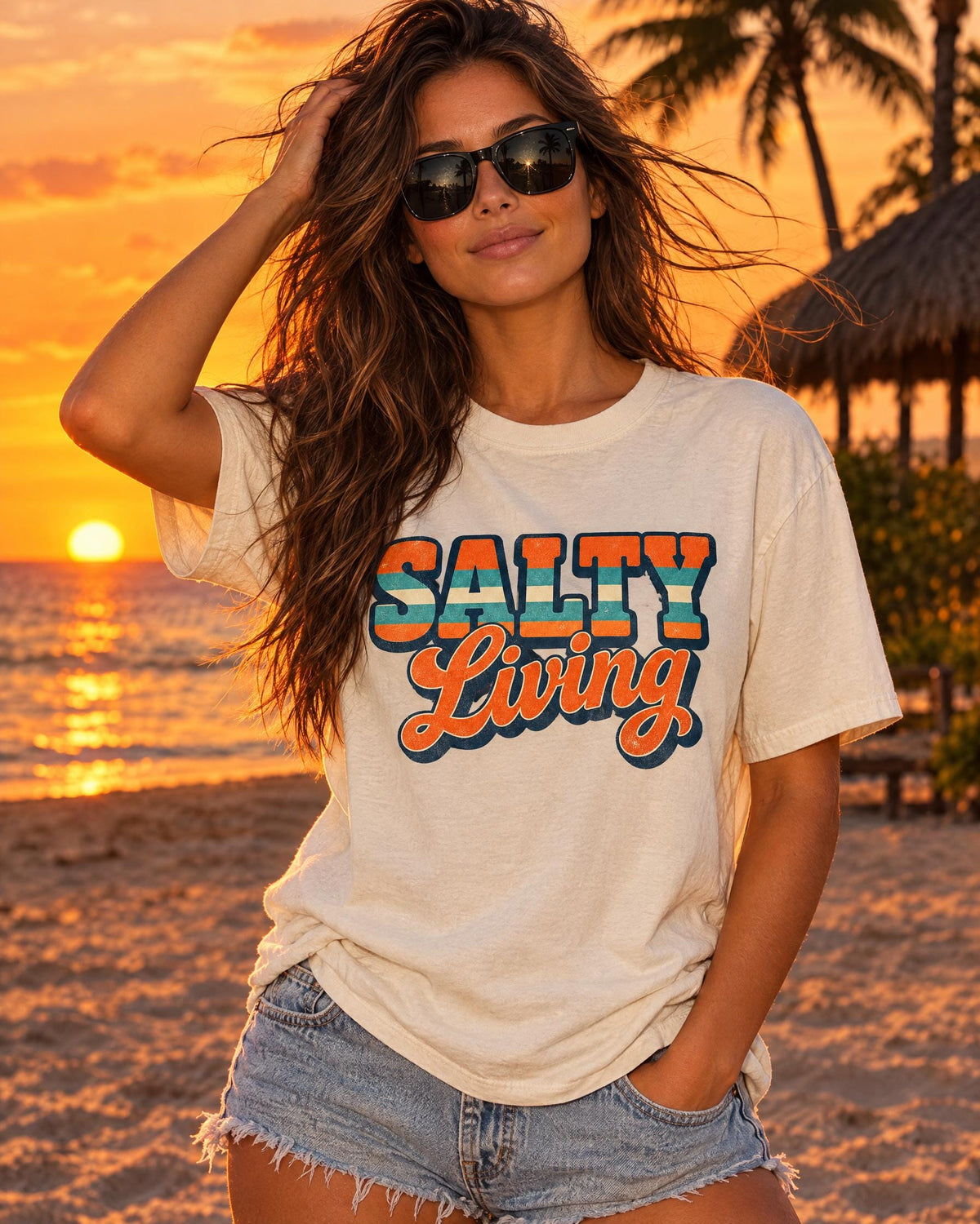 Salty Living tee worn at the beach