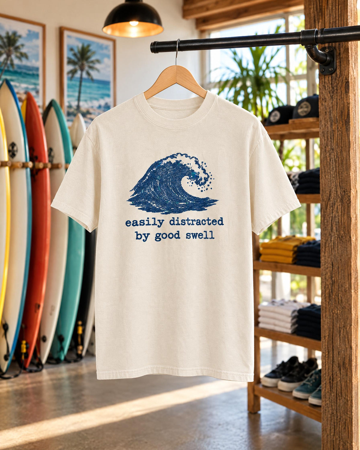 Easily Distracted By Good Swell tee mockup on a hanger