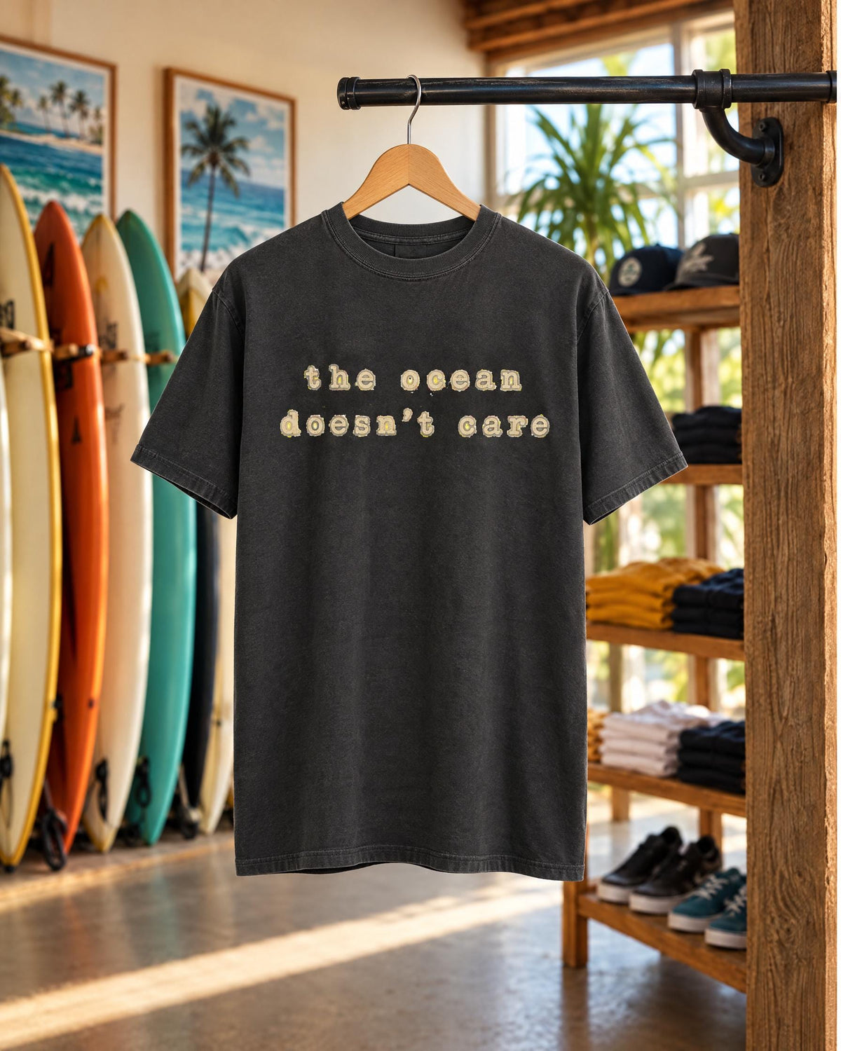 The Ocean Doesn't Care tee mockup on a hanger