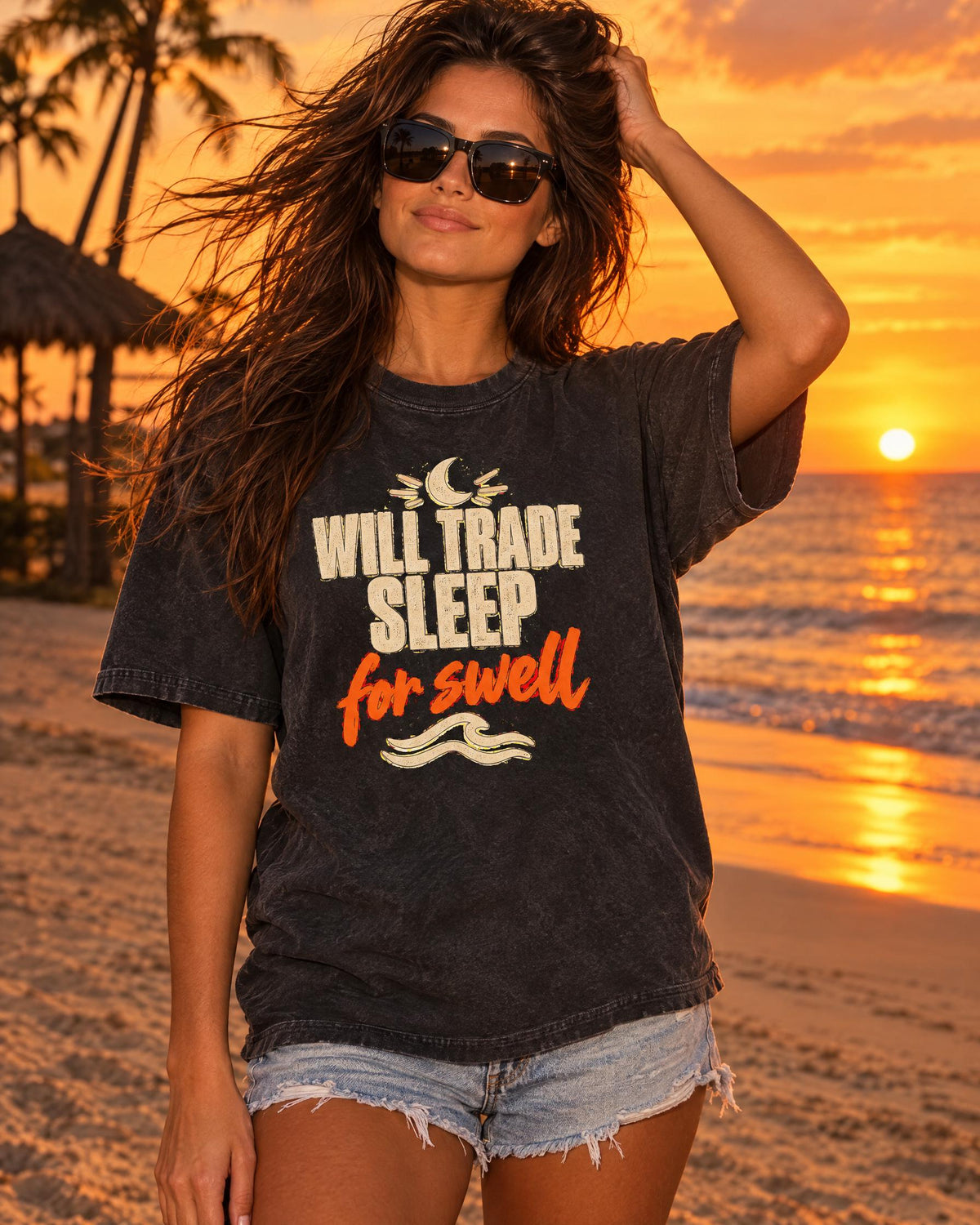 Will Trade Sleep For Swell tee worn at the beach