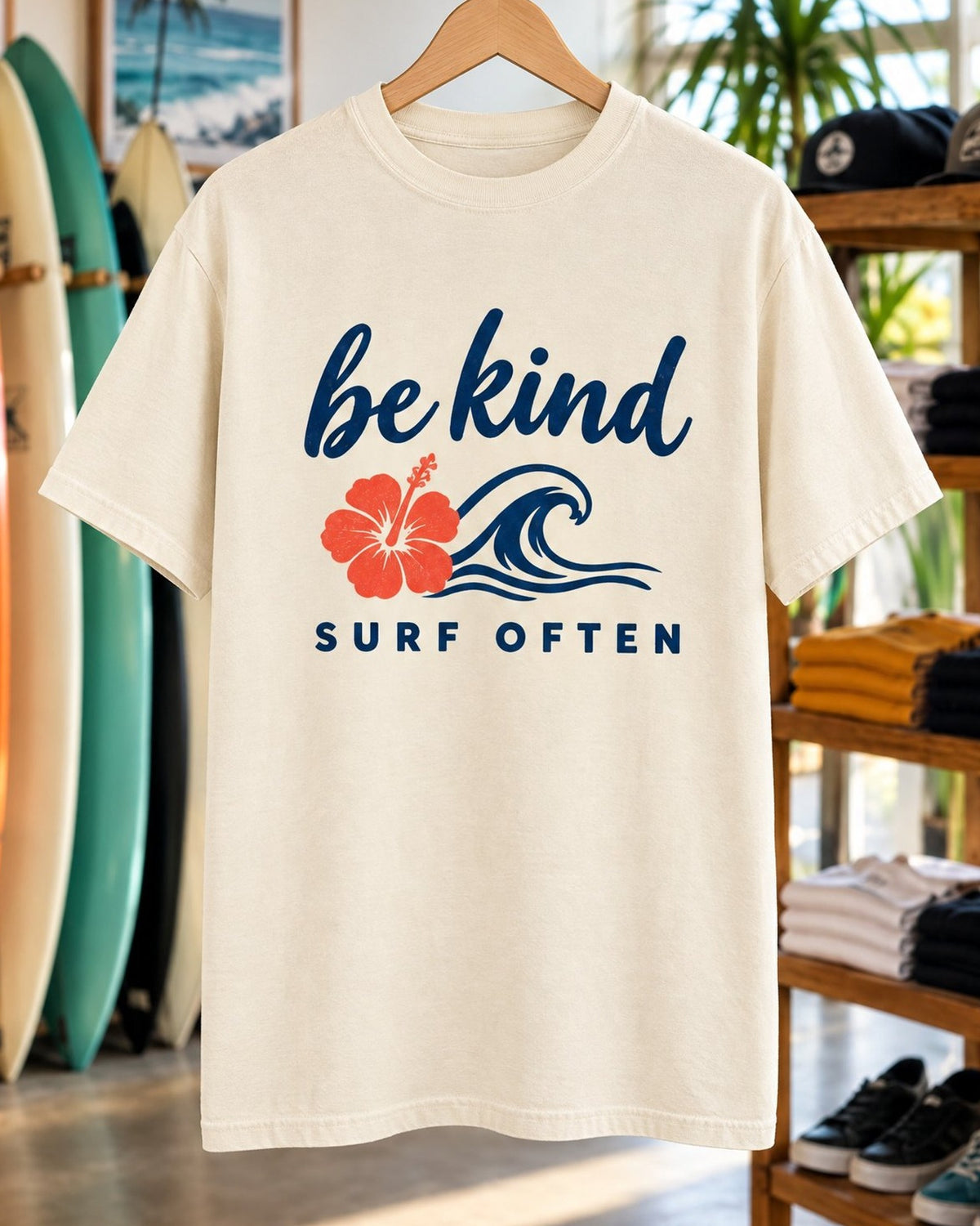 Be Kind Surf Often Tee tee mockup close-up
