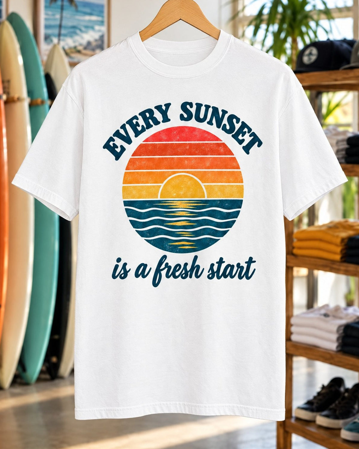 Every Sunset Is A Fresh Start Tee tee mockup close-up