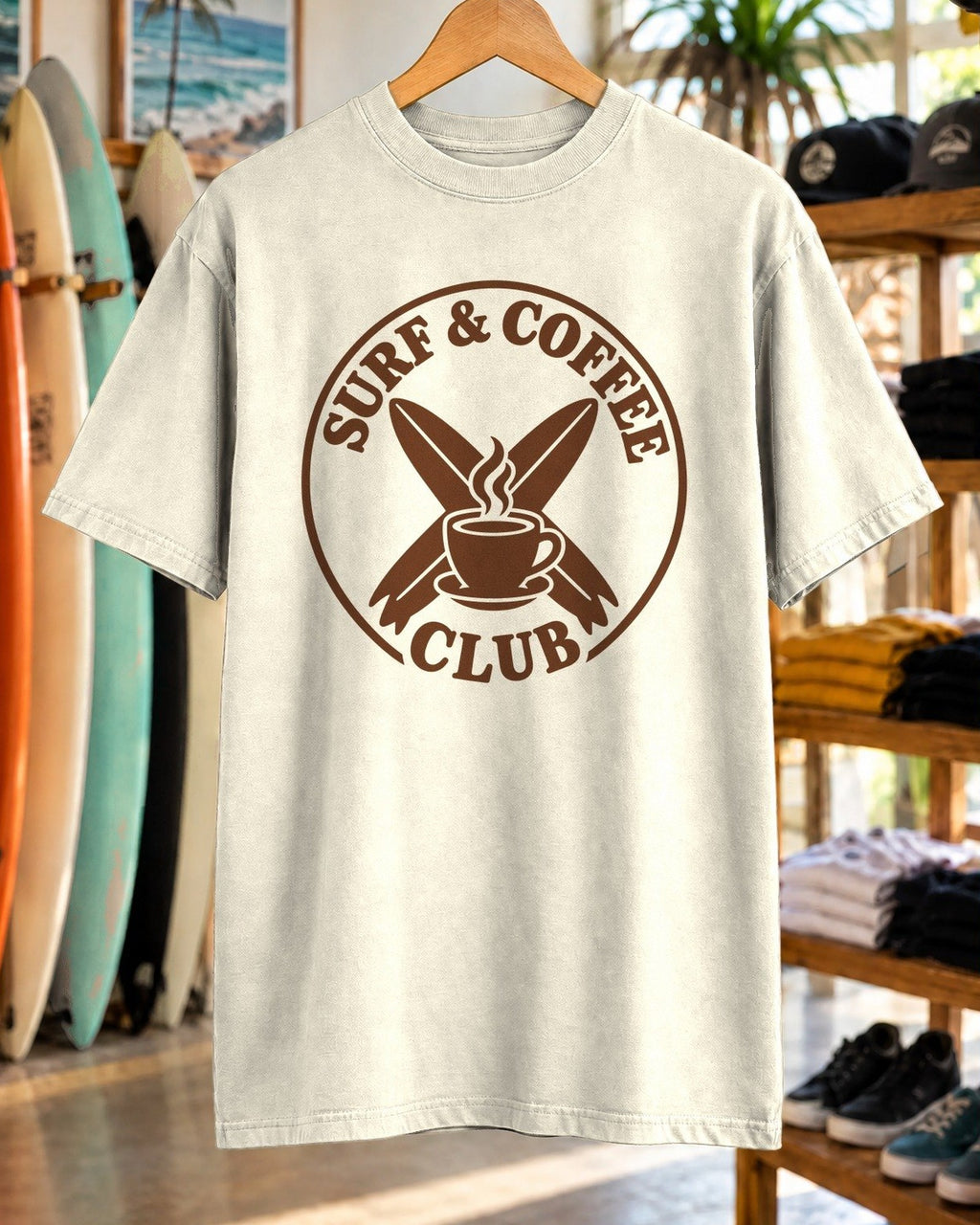 Surf And Coffee Club Shirt tee mockup close-up