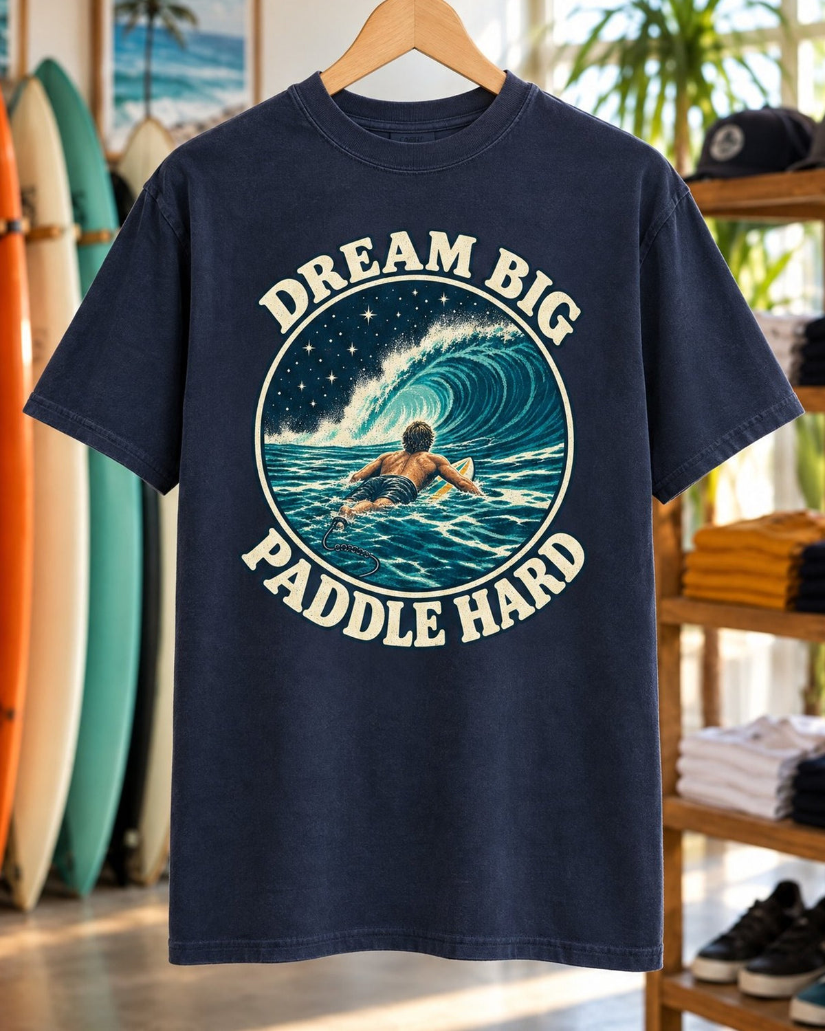 Dream Big Paddle Hard Tee tee mockup close-up