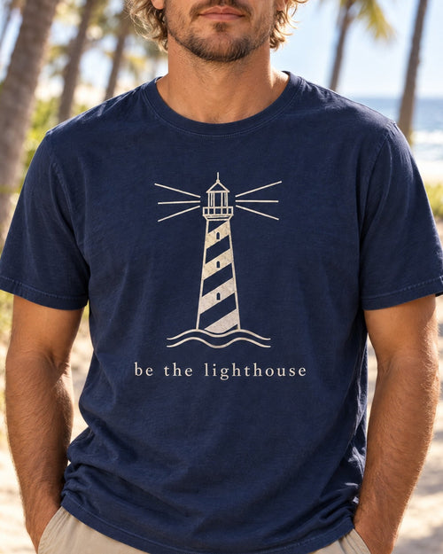 Be The Lighthouse Tee tee mockup close-up