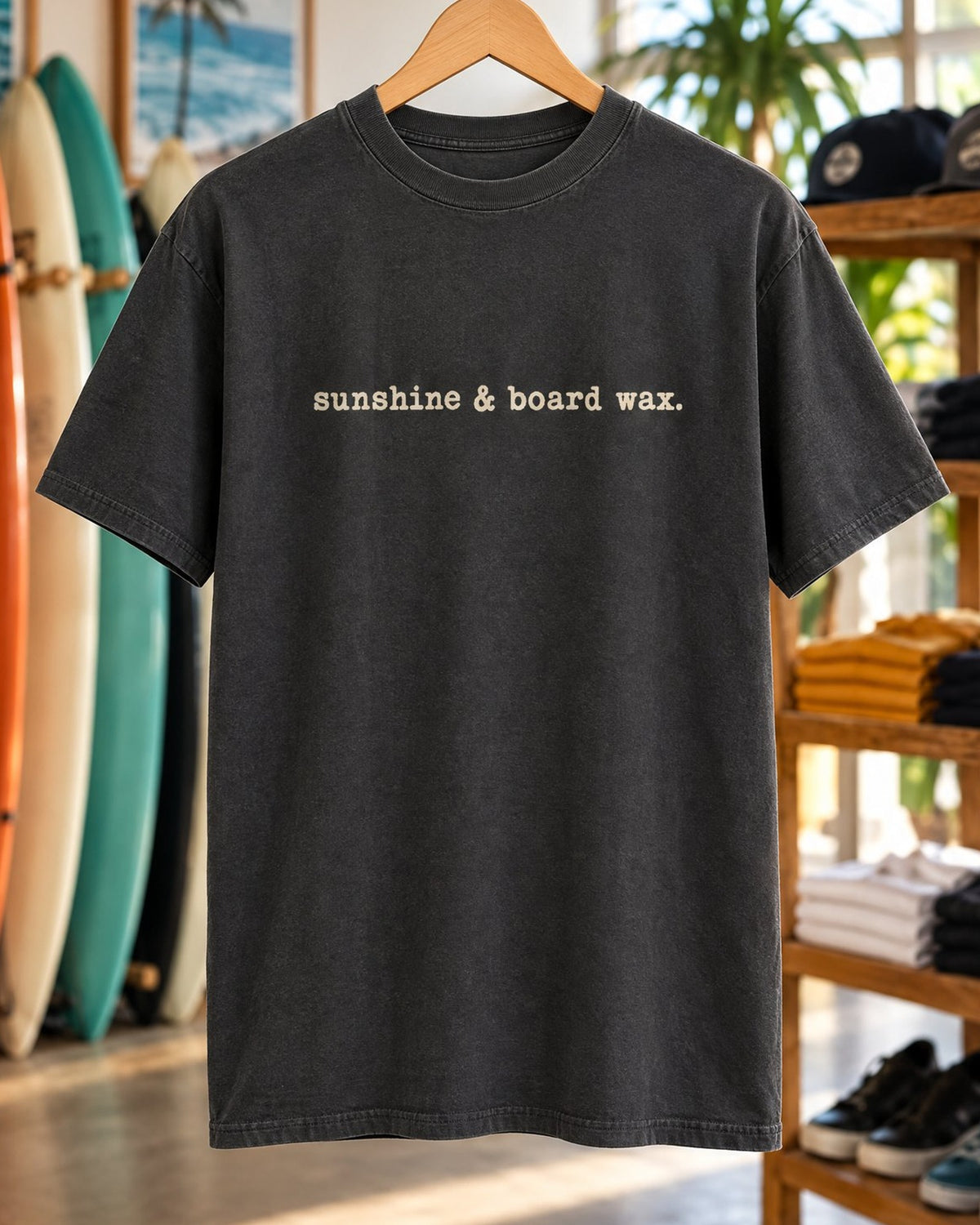 Sunshine & Board Wax Tee tee mockup close-up