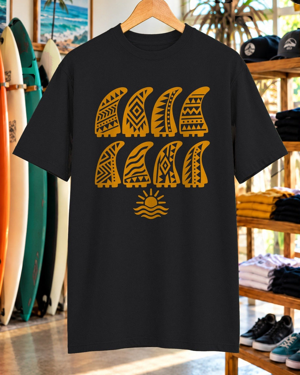 Tribal Fin Rows Shirt tee mockup close-up
