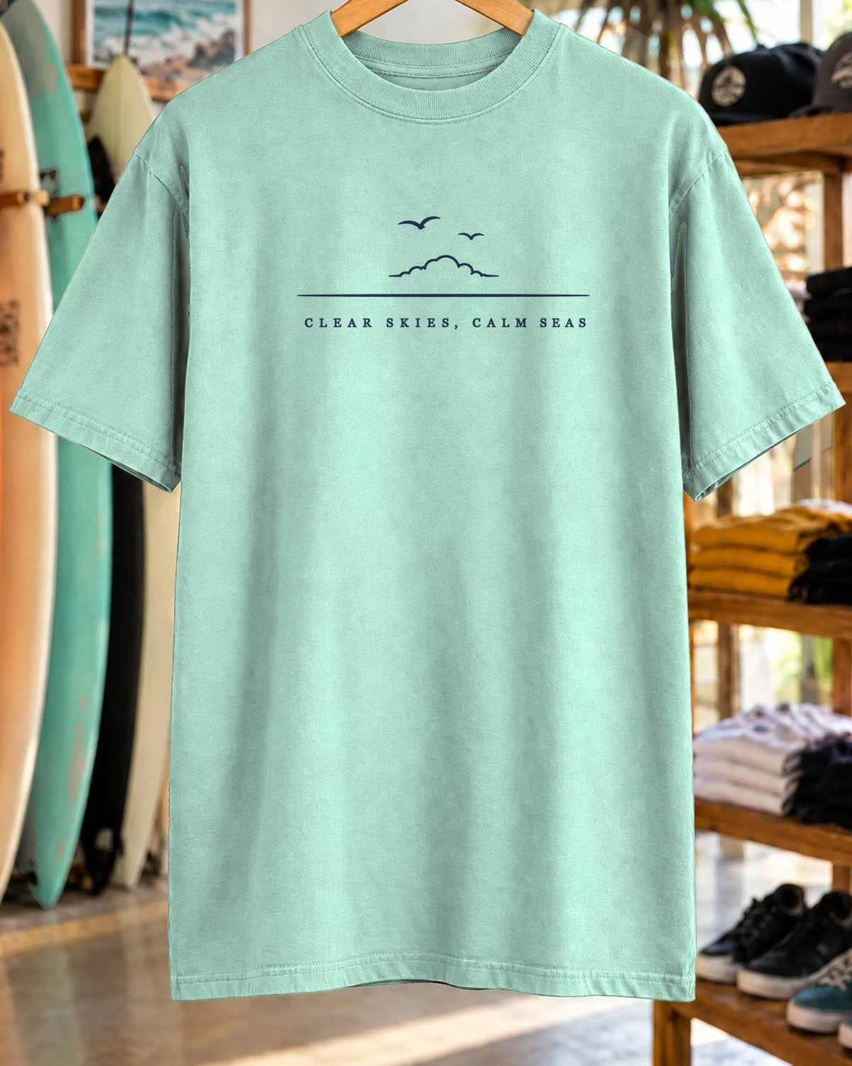 Clear Skies, Calm Seas Tee tee mockup close-up