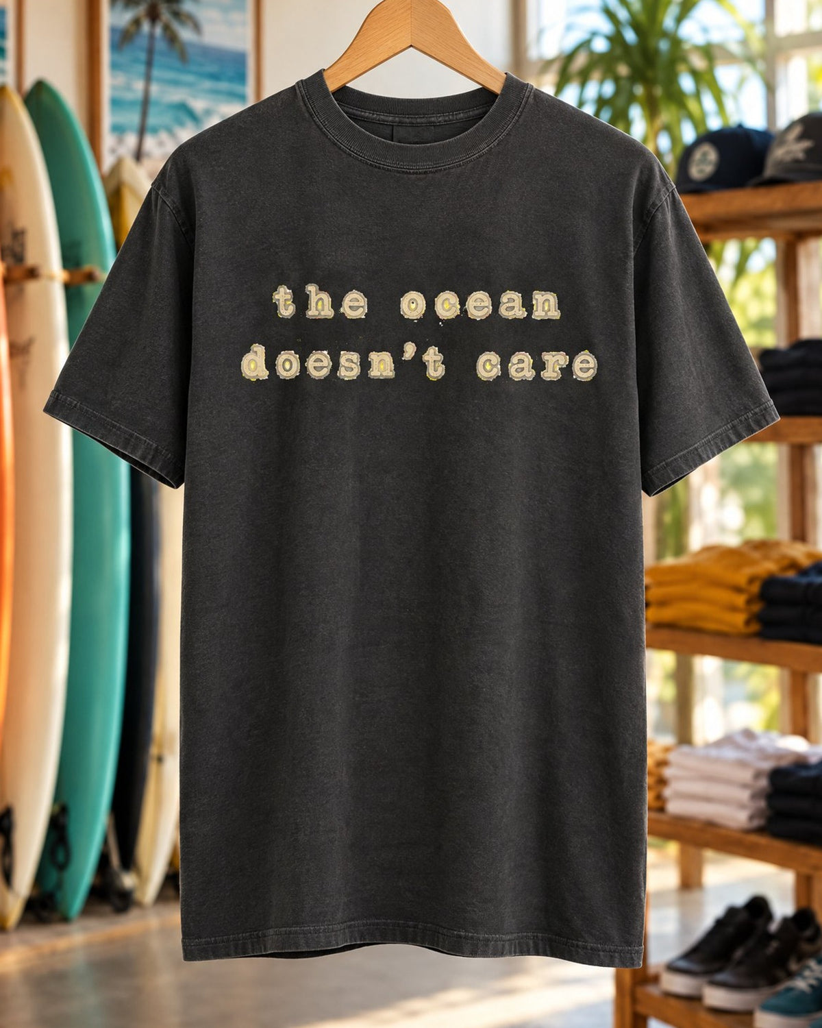 The Ocean Doesn't Care Tee tee mockup close-up