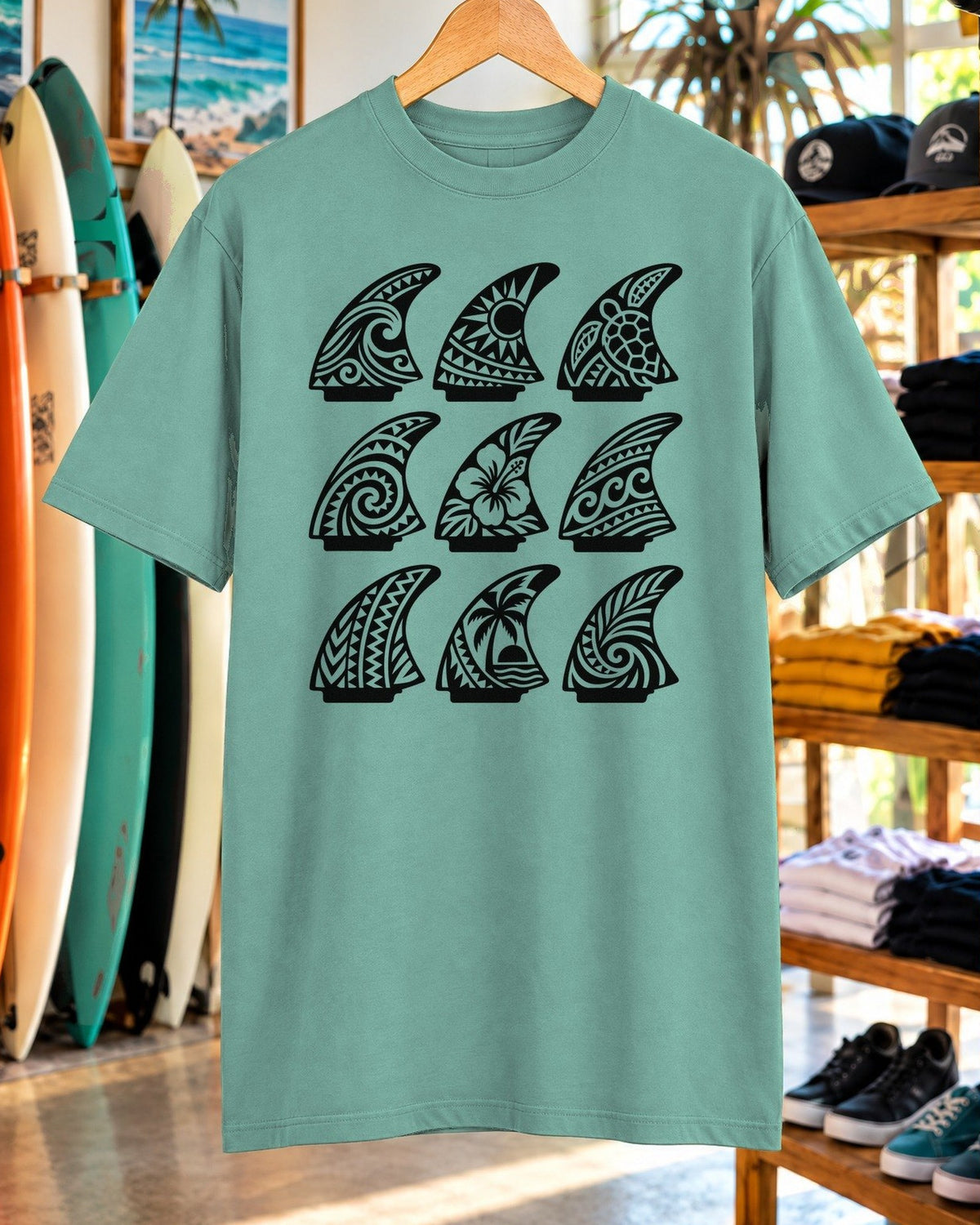 Tribal Surf Fins Shirt tee mockup close-up