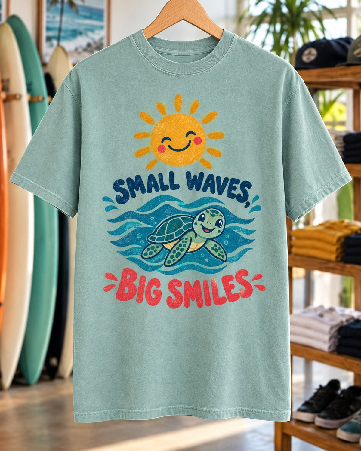 Small Waves Big Smiles Tee tee mockup close-up