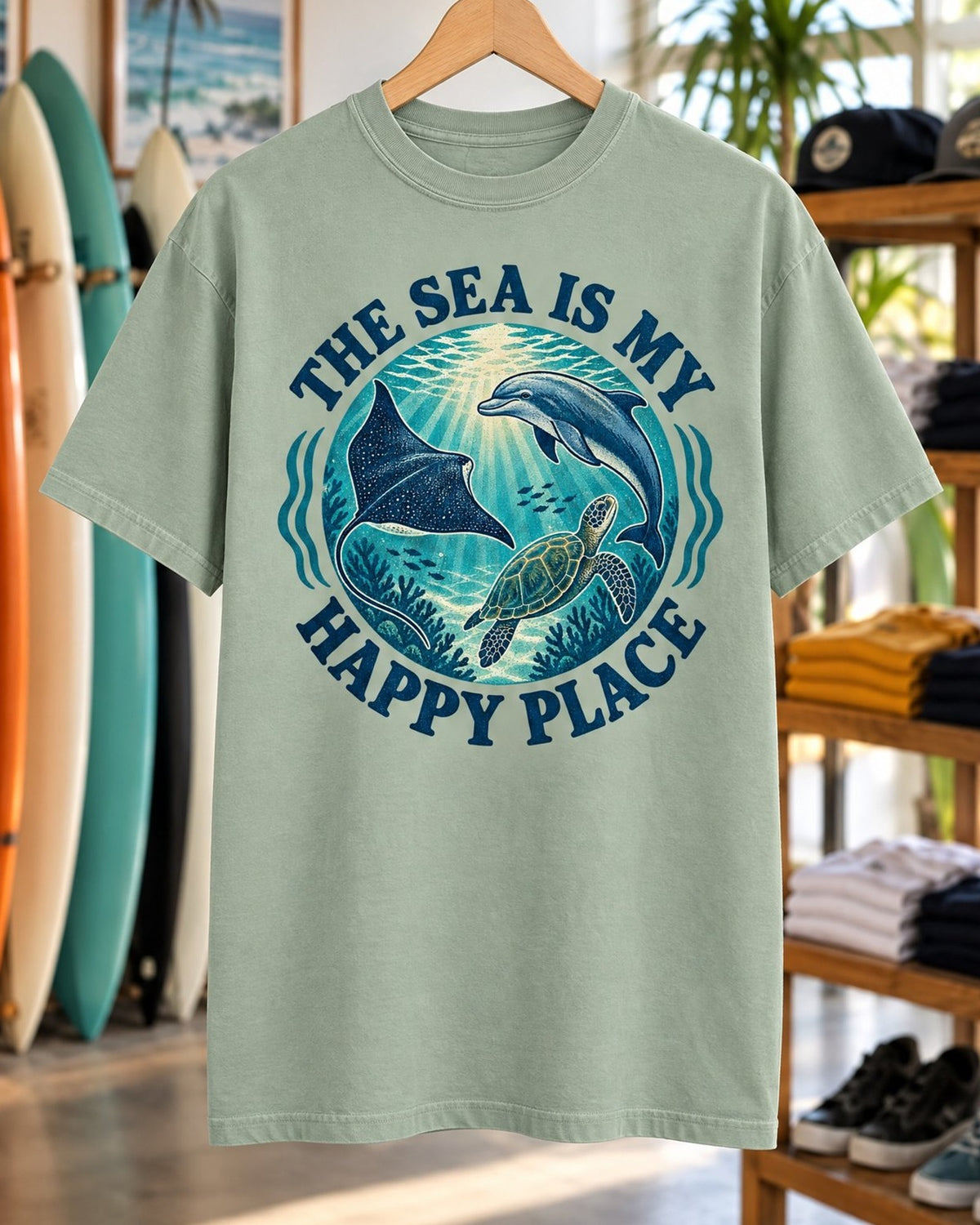 The Sea Is My Happy Place Tee tee mockup close-up