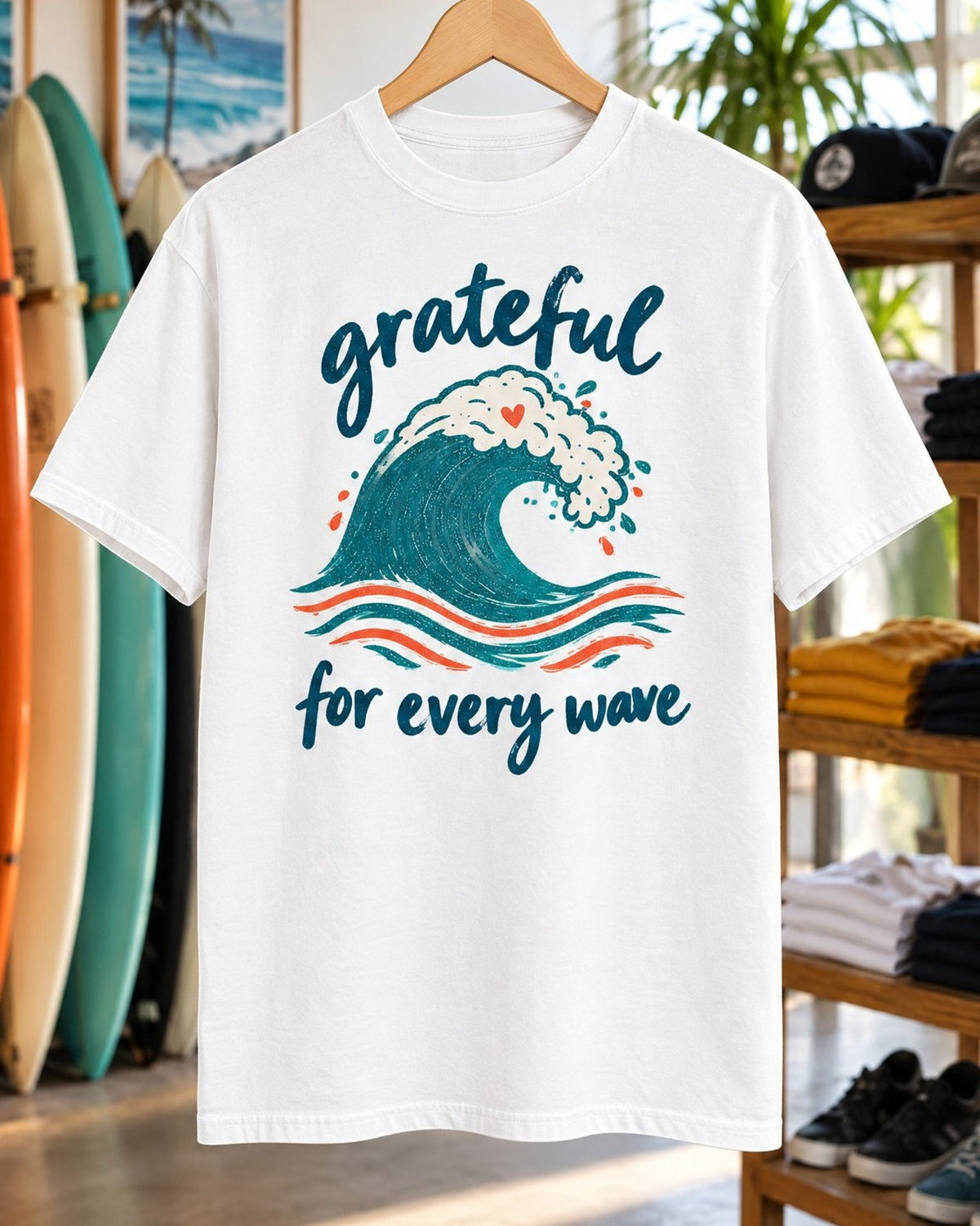 Grateful For Every Wave Tee tee mockup close-up