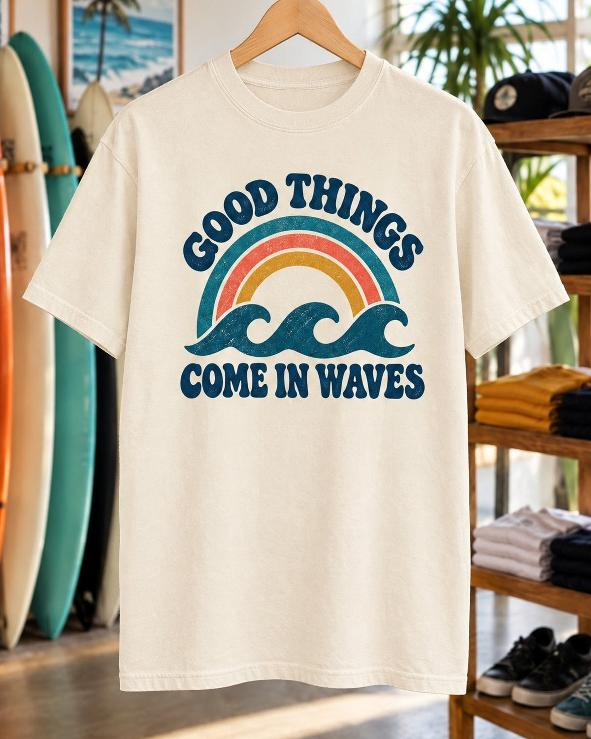 Good Things Come In Waves Tee tee mockup close-up