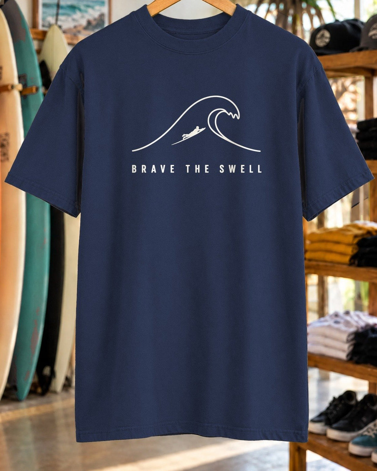 Brave The Swell Tee tee mockup close-up