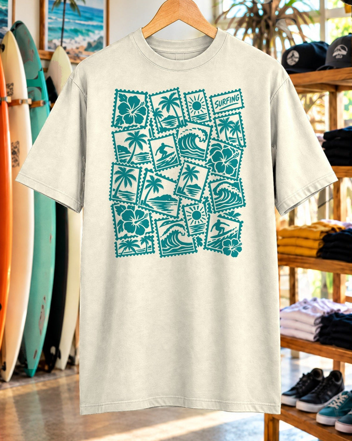 Surfing Postcard Stamp Shirt tee mockup close-up