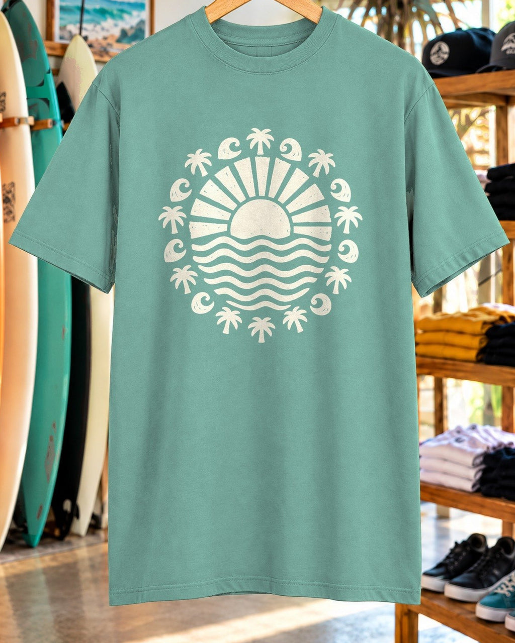 Linocut Sun Wave Shirt tee mockup close-up