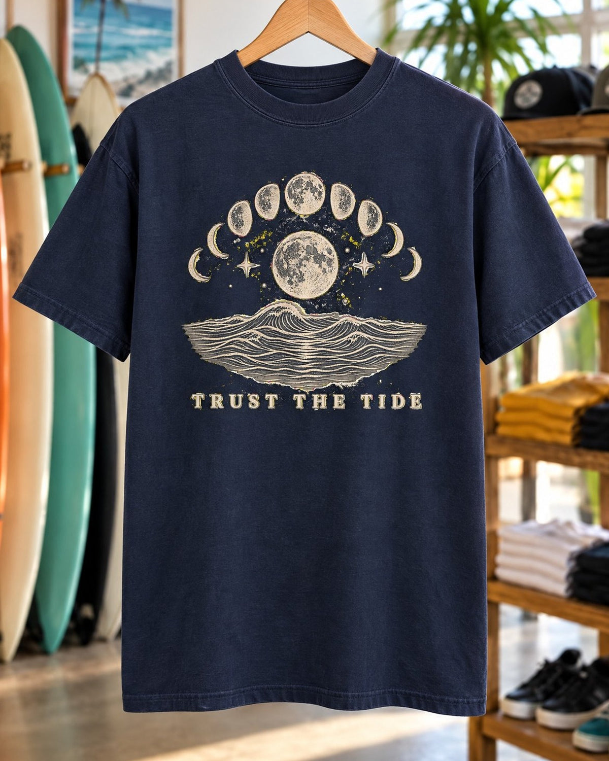 Trust The Tide Tee tee mockup close-up
