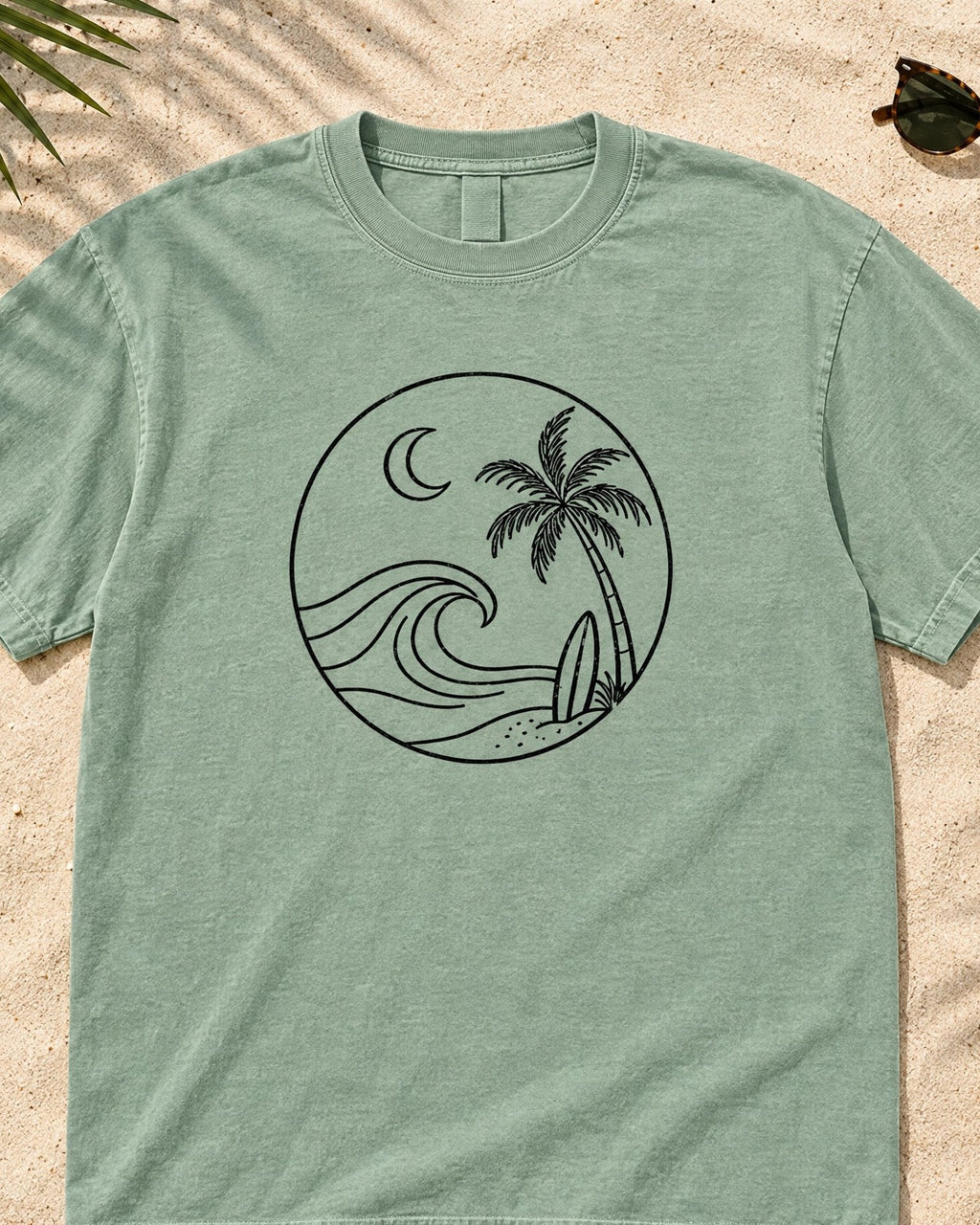 Moonlit Surf Line Art T-Shirt tee mockup close-up