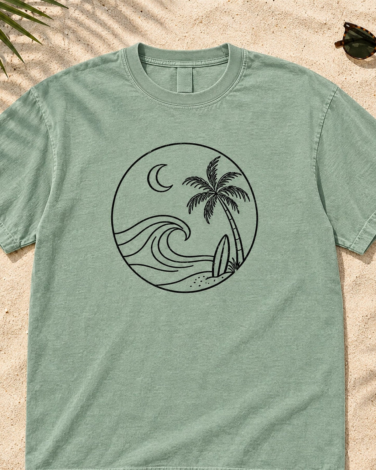 Moonlit Surf Line Art T-Shirt tee mockup close-up