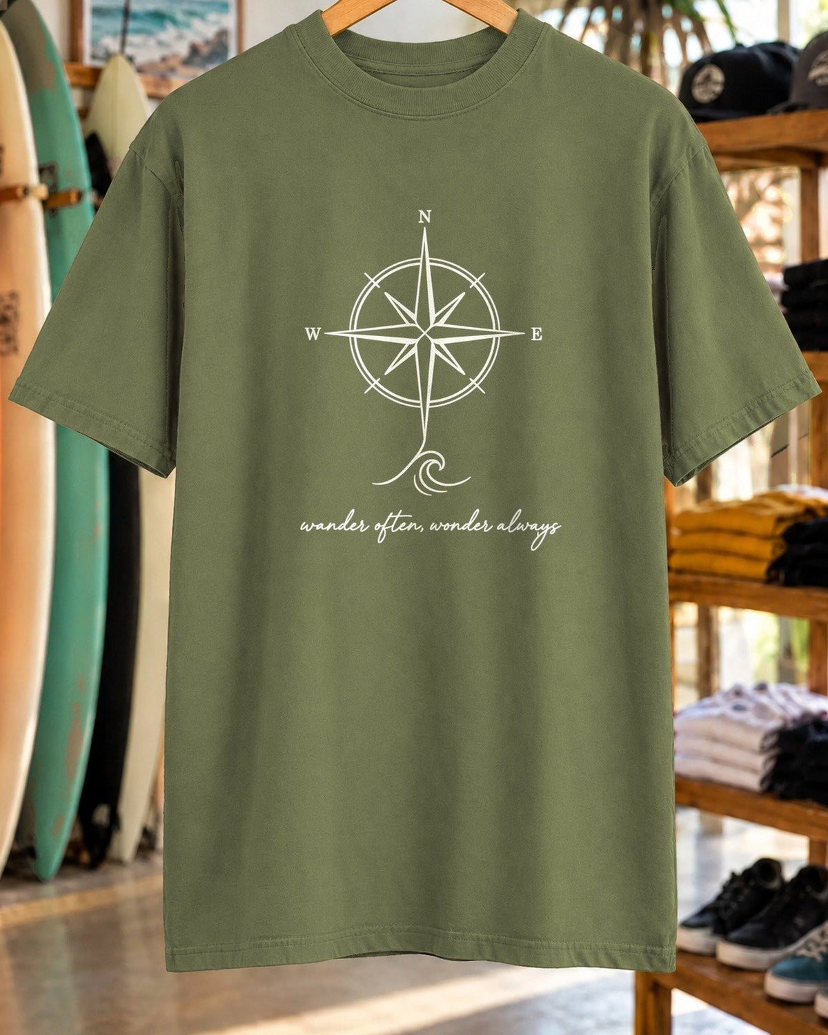 Wander Often, Wonder Always Tee tee mockup close-up