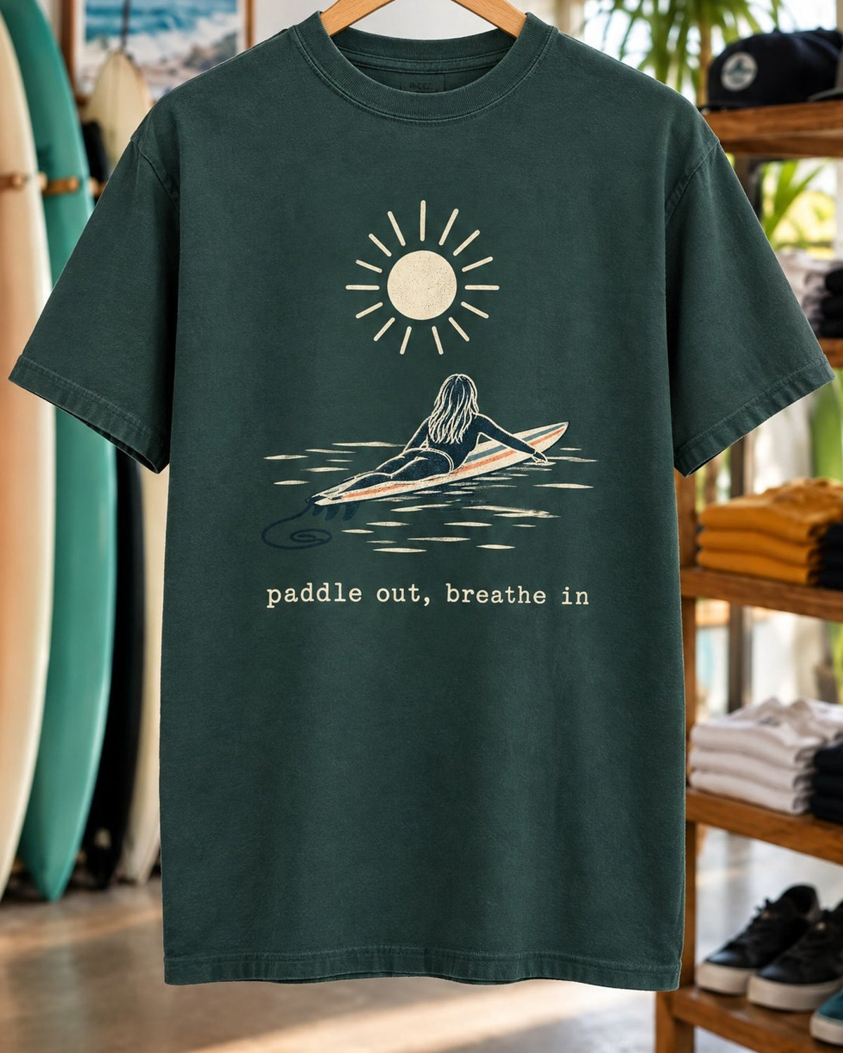 Paddle Out Breathe In Tee tee mockup close-up