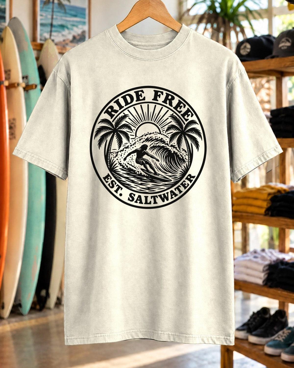 Ride Free Woodcut Surf Shirt tee mockup close-up