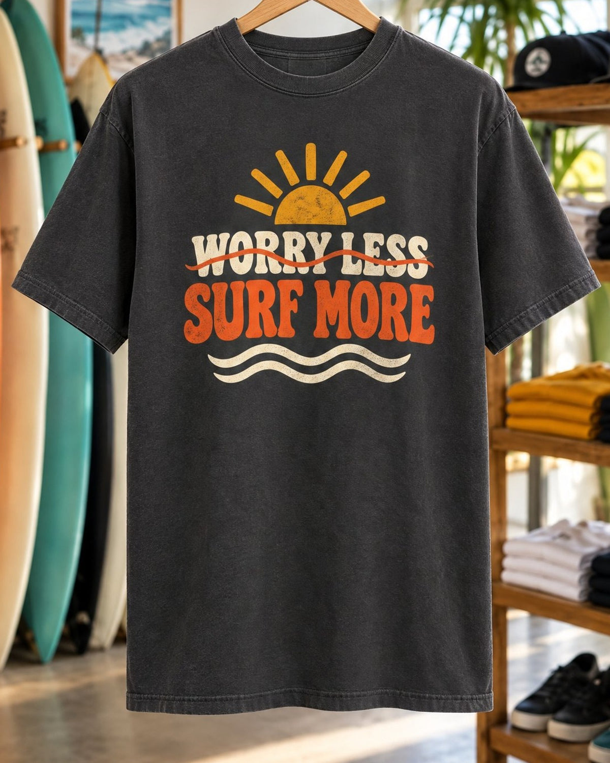 Worry Less Surf More Tee tee mockup close-up