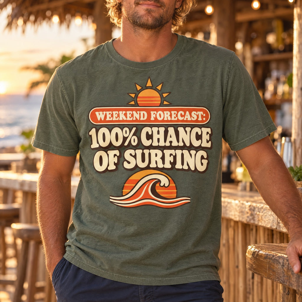 Weekend Forecast 100% Chance Of Surfing Tee tee mockup 1