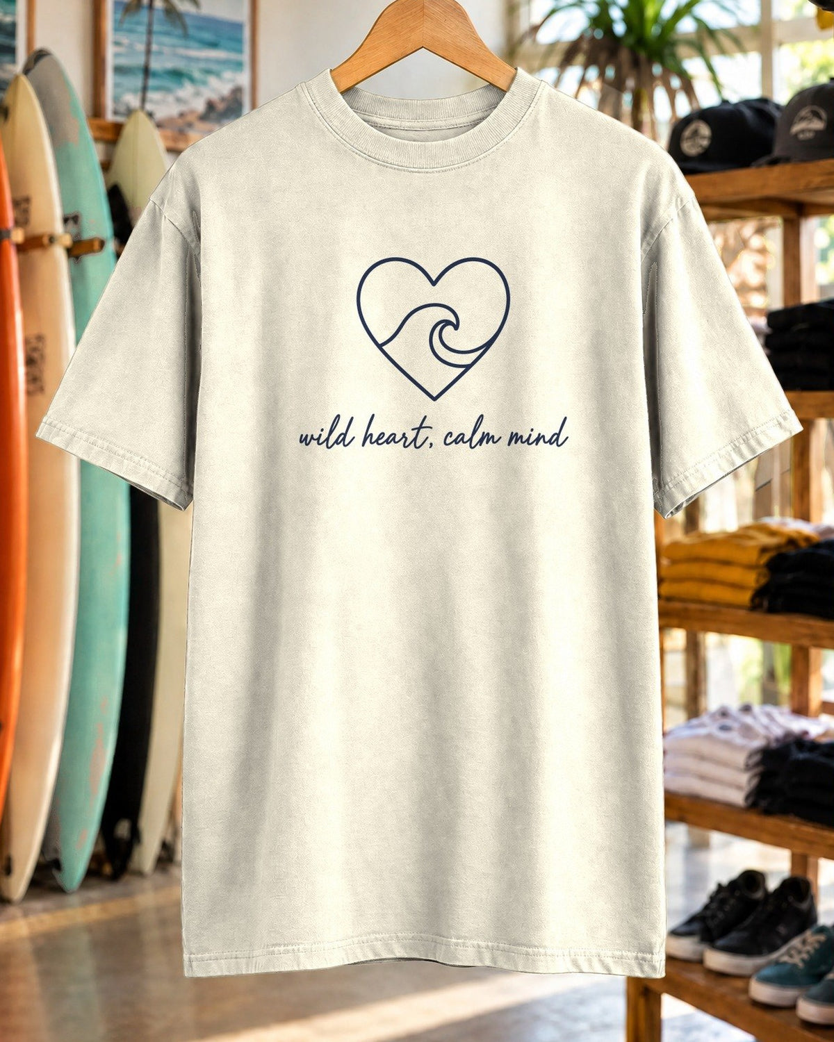 Wild Heart, Calm Mind Tee tee mockup close-up