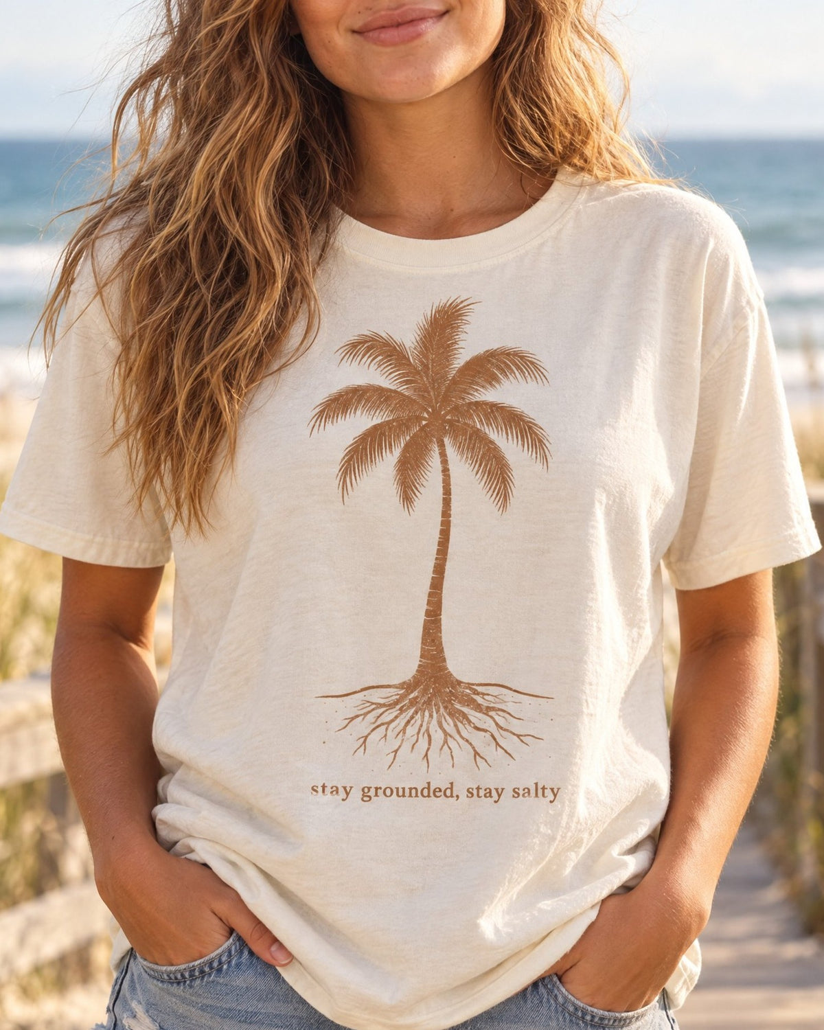 Stay Grounded Stay Salty Tee tee mockup close-up