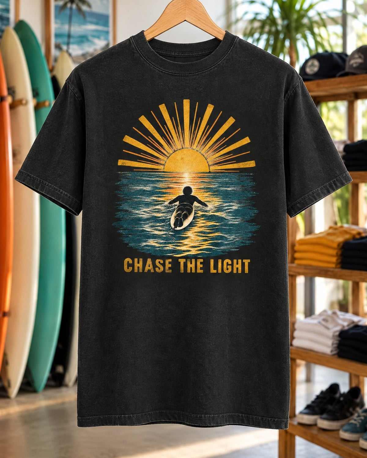 Chase The Light Tee tee mockup close-up