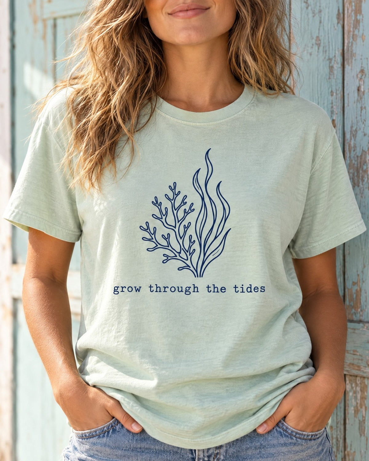 Grow Through The Tides Tee tee mockup close-up