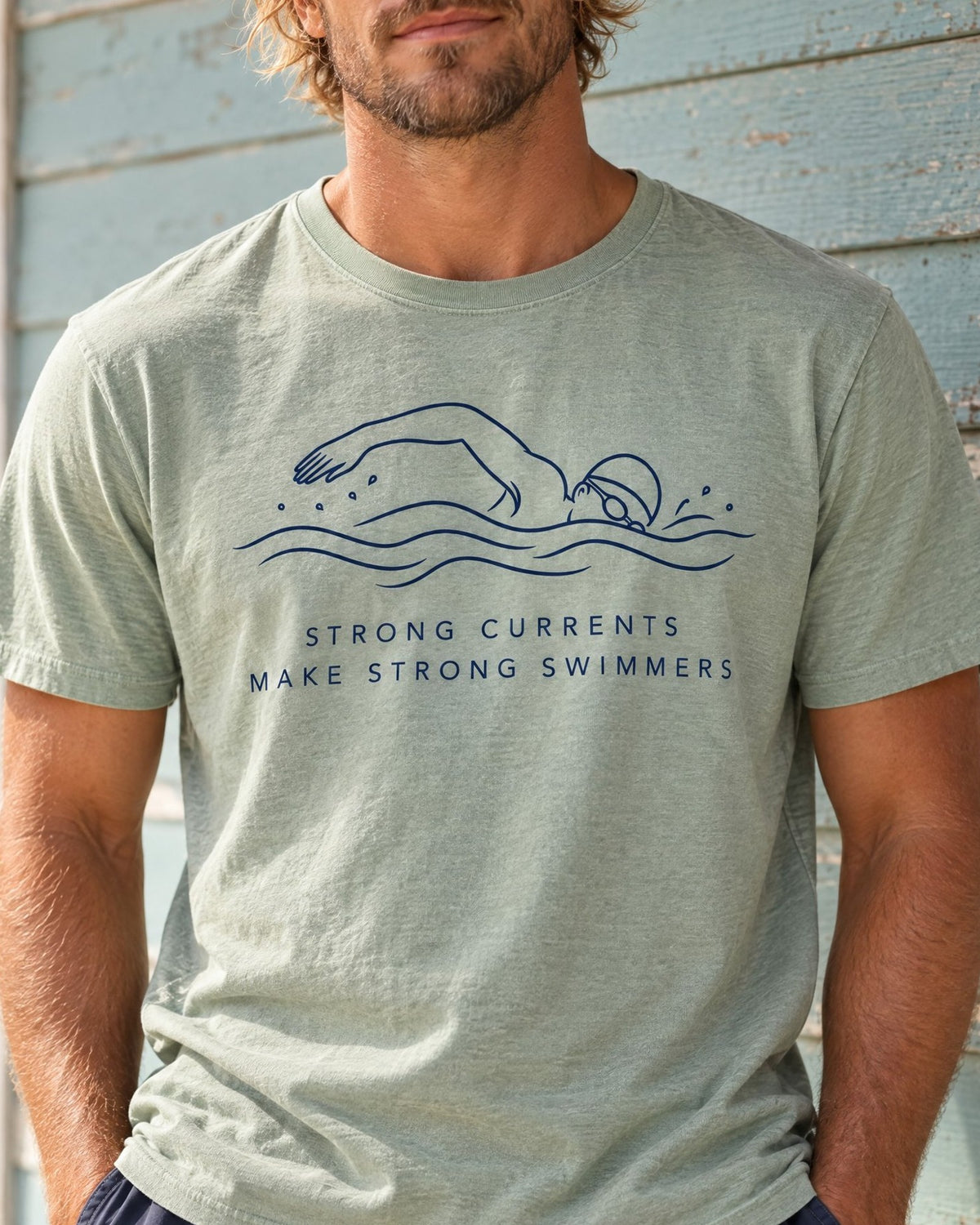 Strong Currents Make Strong Swimmers Tee tee mockup close-up
