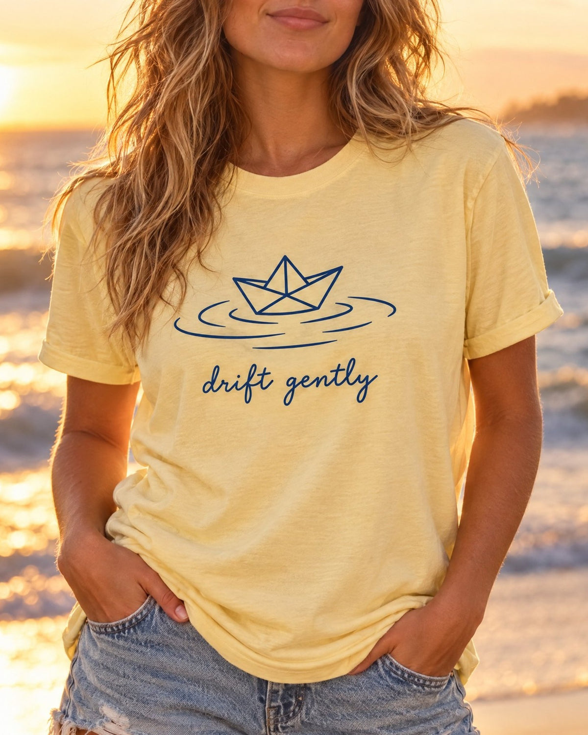 Drift Gently Tee tee mockup close-up