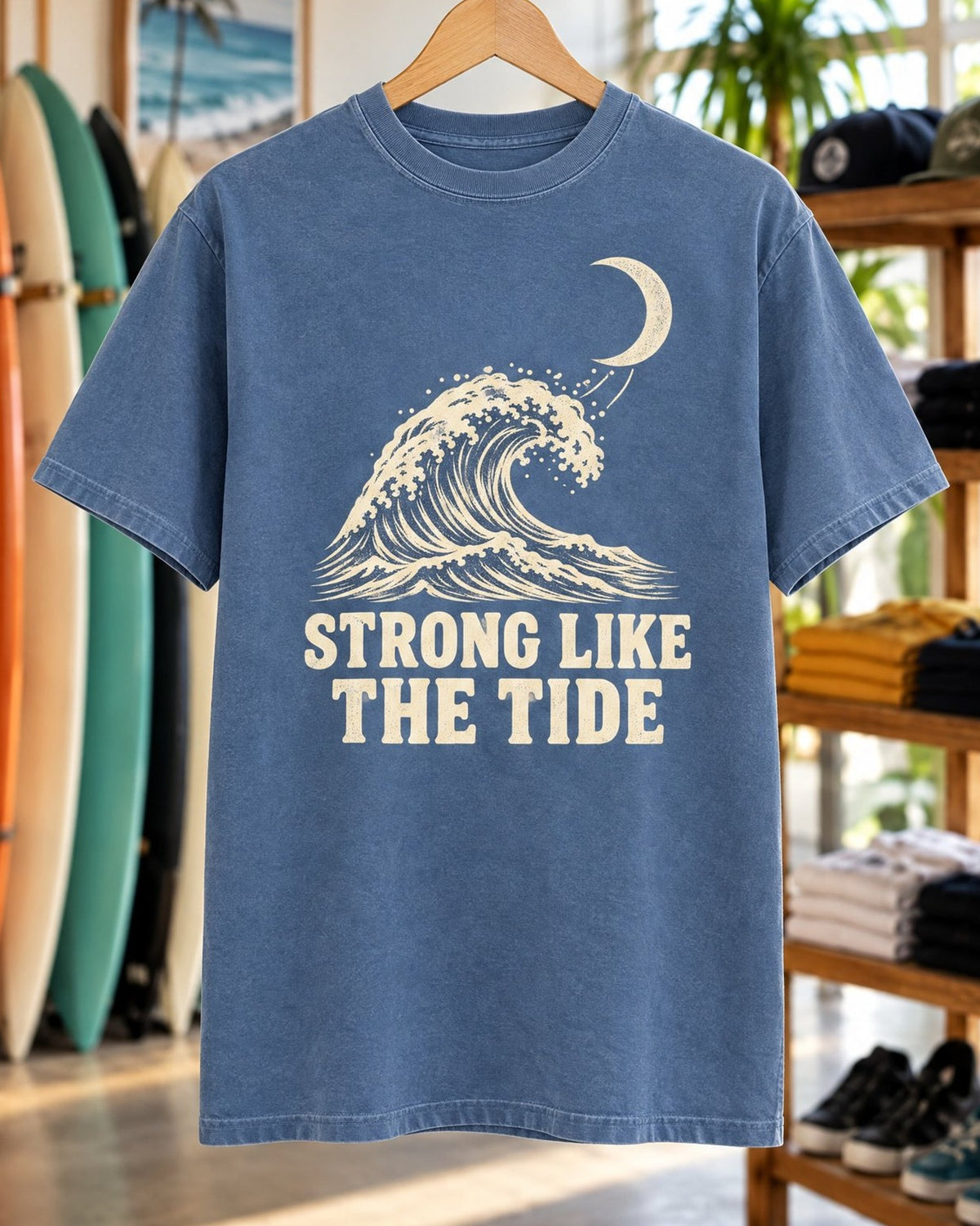 Strong Like The Tide Tee tee mockup close-up