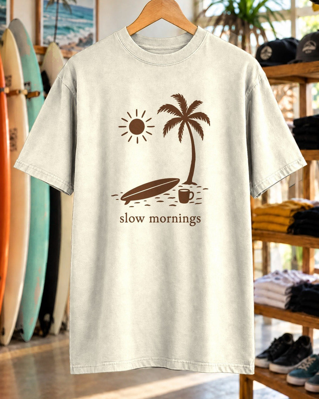 Slow Mornings Surf Shirt tee mockup close-up
