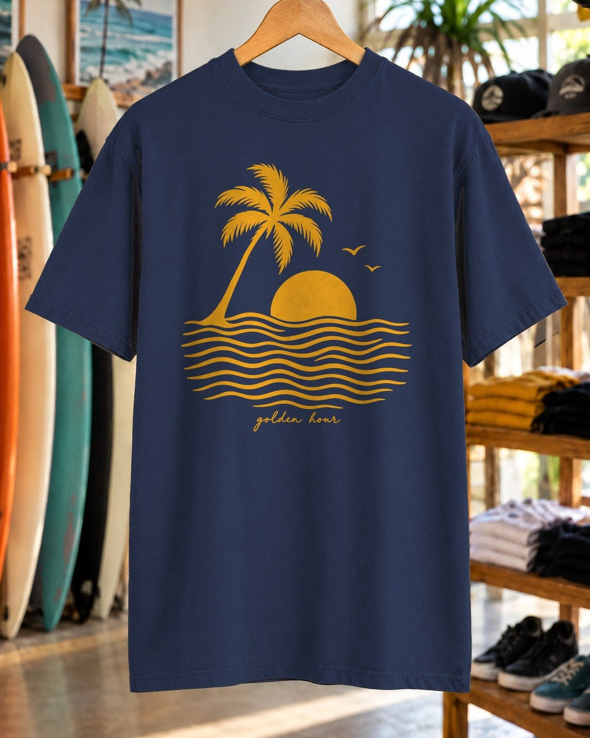 Golden Hour Palm Shirt tee mockup close-up
