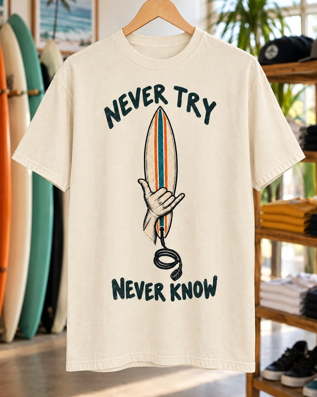 Never Try Never Know Tee tee mockup close-up