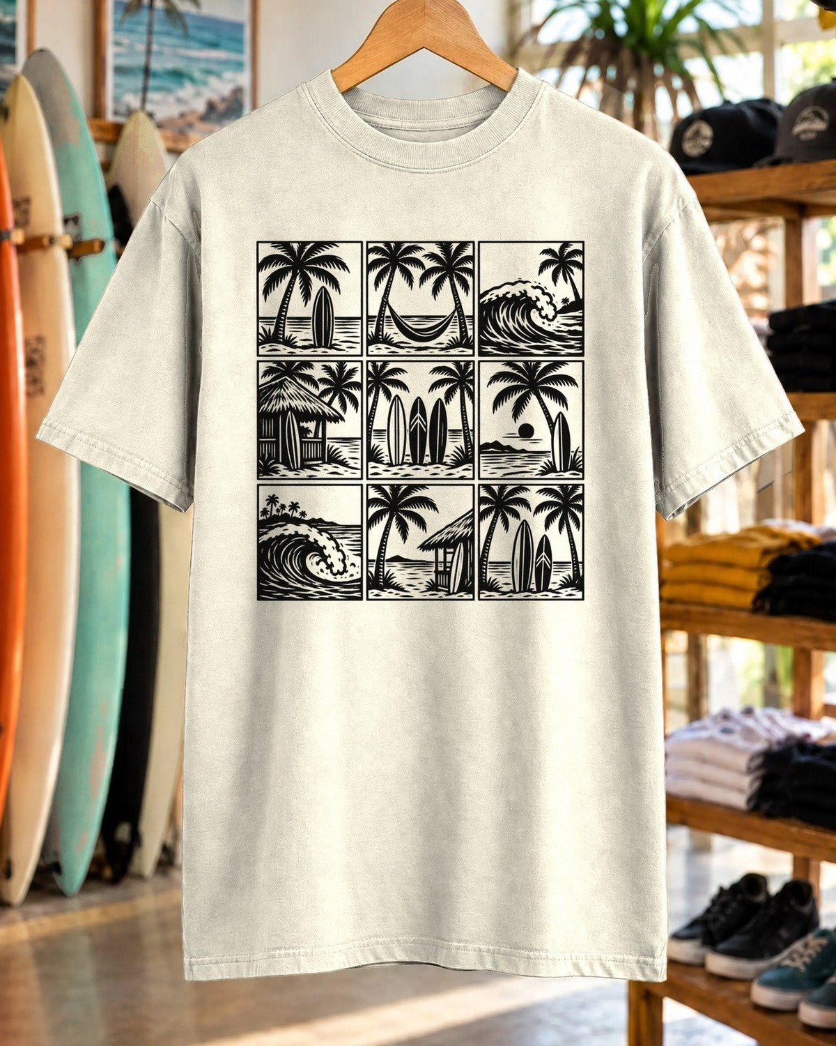 Woodcut Palm Grid Shirt tee mockup close-up