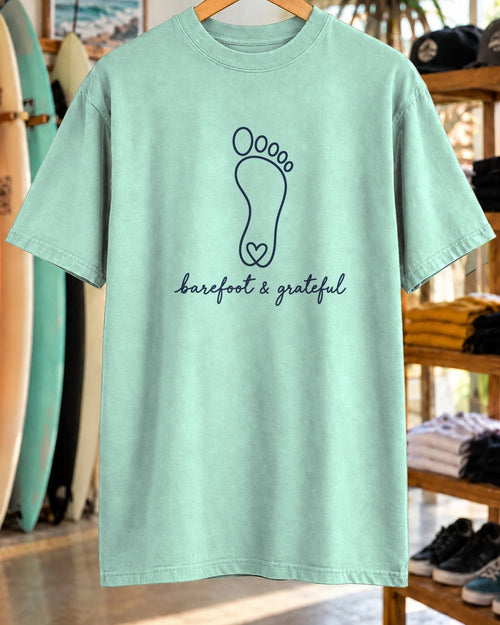 Barefoot & Grateful Tee tee mockup close-up