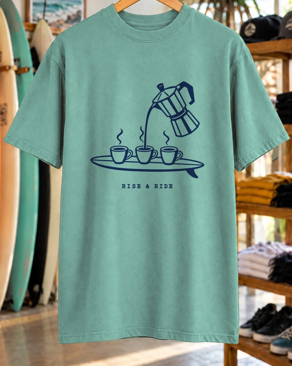 Rise And Ride Coffee Surf Shirt tee mockup close-up