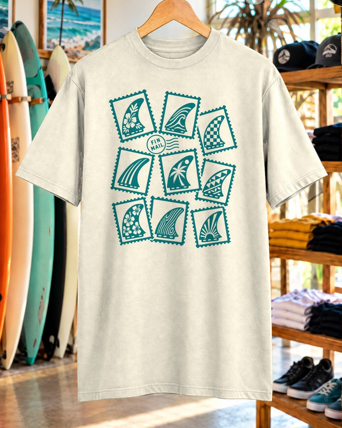 Fin Mail Surf Stamp Shirt tee mockup close-up