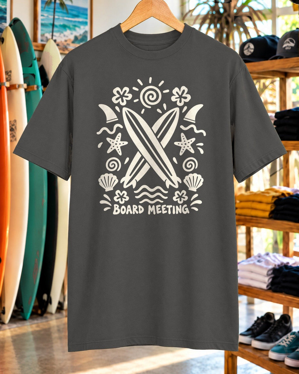 Board Meeting Surf Shirt tee mockup close-up