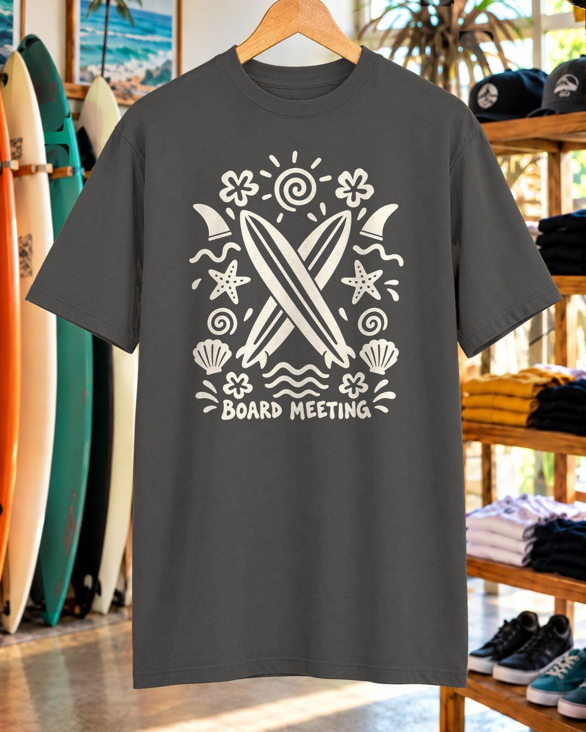 Board Meeting Surf Shirt tee mockup close-up