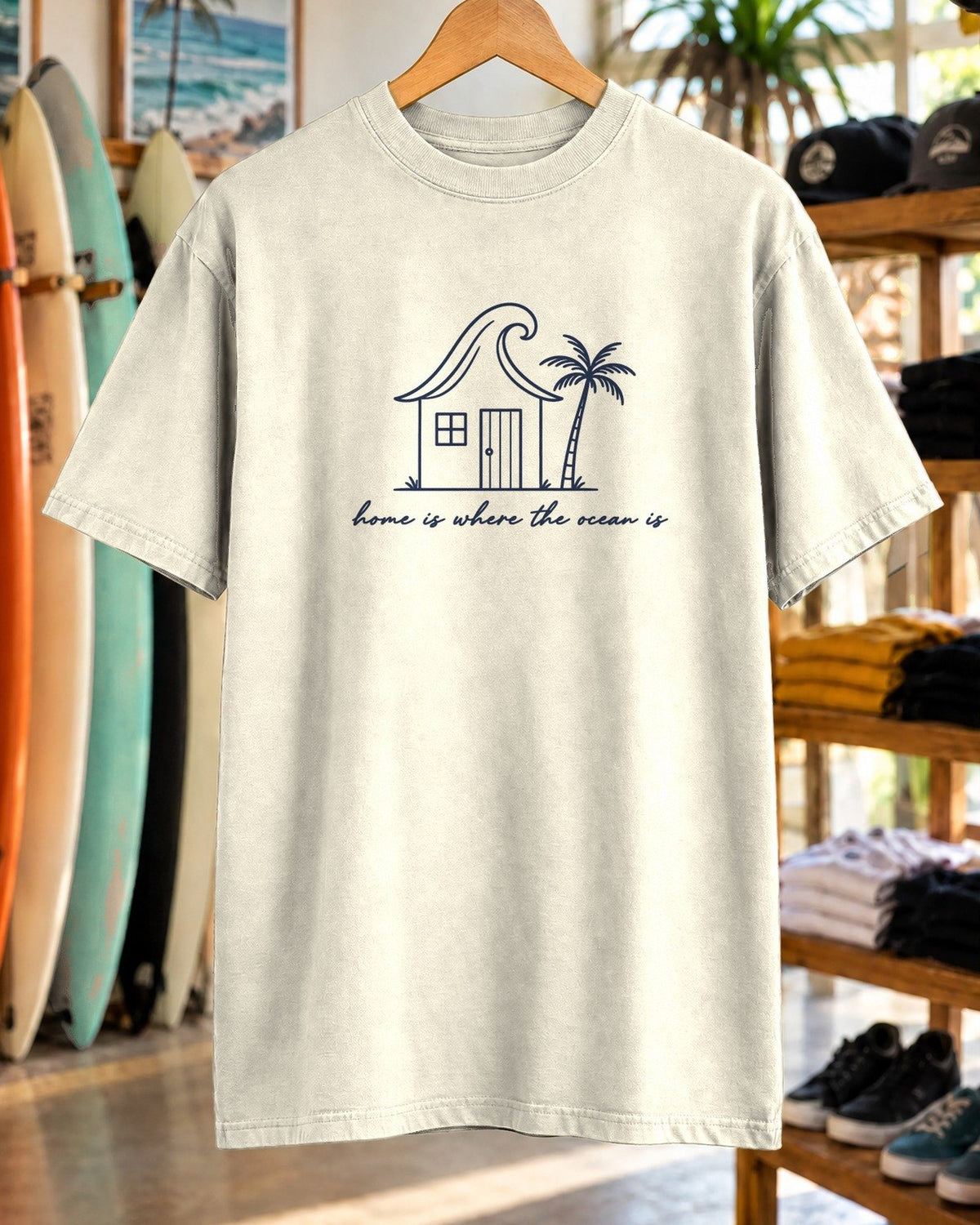 Home Is Where The Ocean Is Tee tee mockup close-up