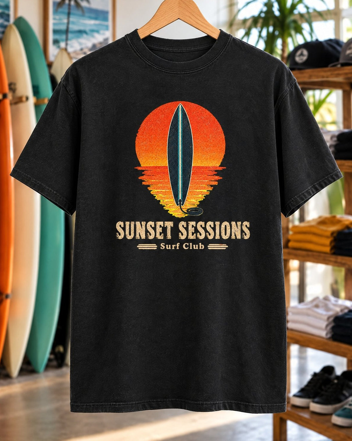 Sunset Sessions Surf Club Tee tee mockup close-up