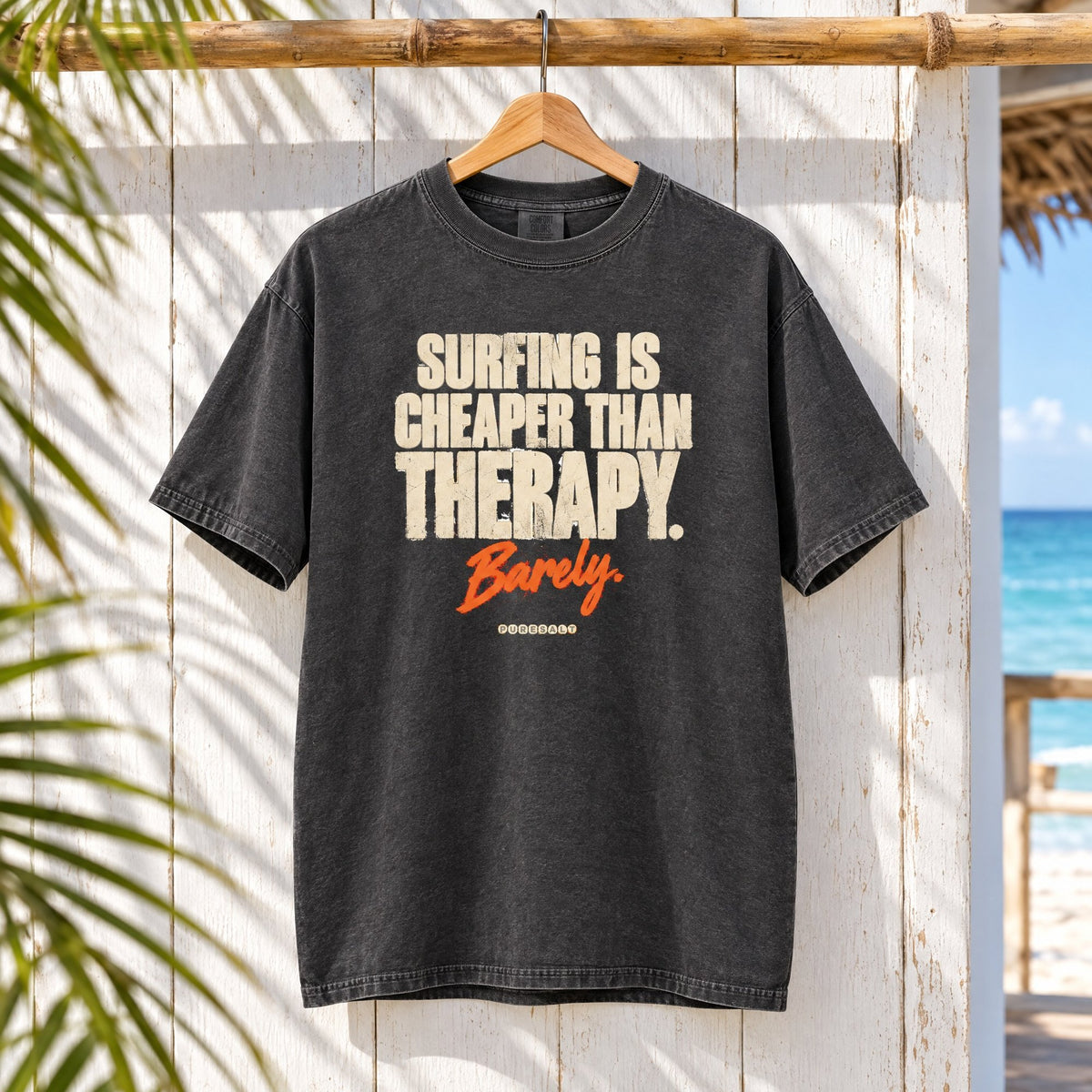 Surfing Is Cheaper Than Therapy tee mockup 3