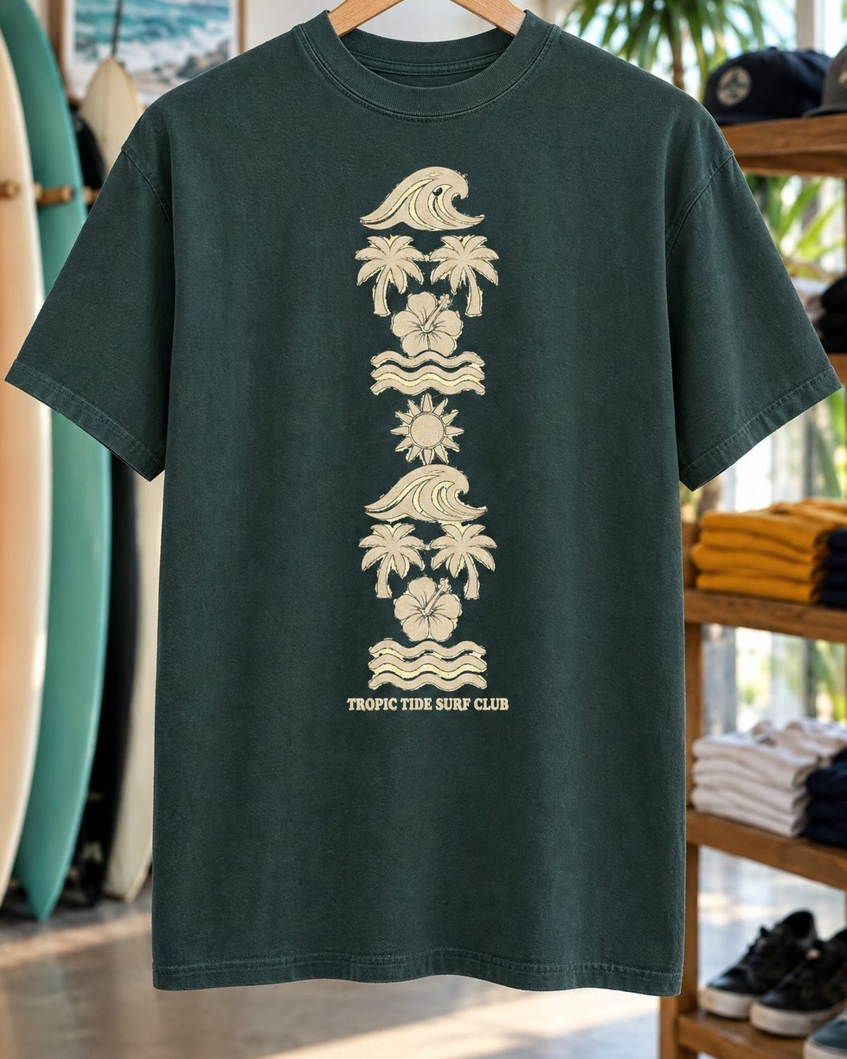 Tropic Tide Surf Club Tee tee mockup close-up